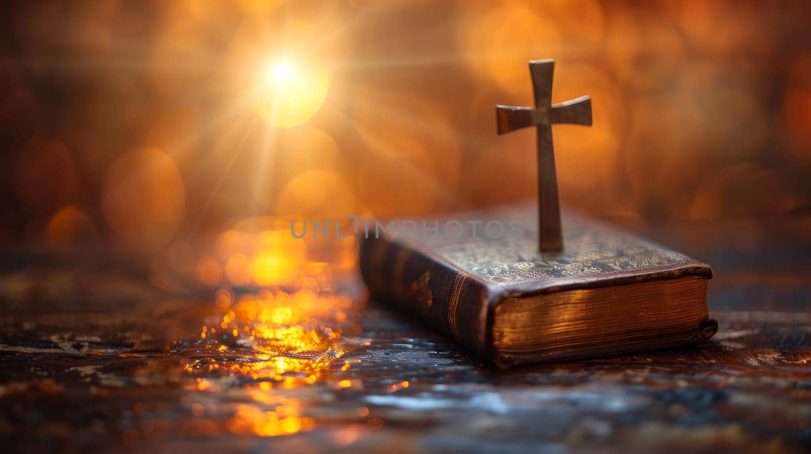 Christian cross on old holy Bible with bokeh lights