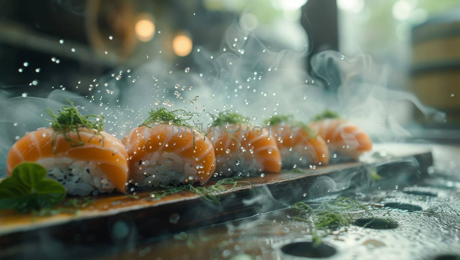 Sushi rolls on a wooden board in a restaurant, close-up