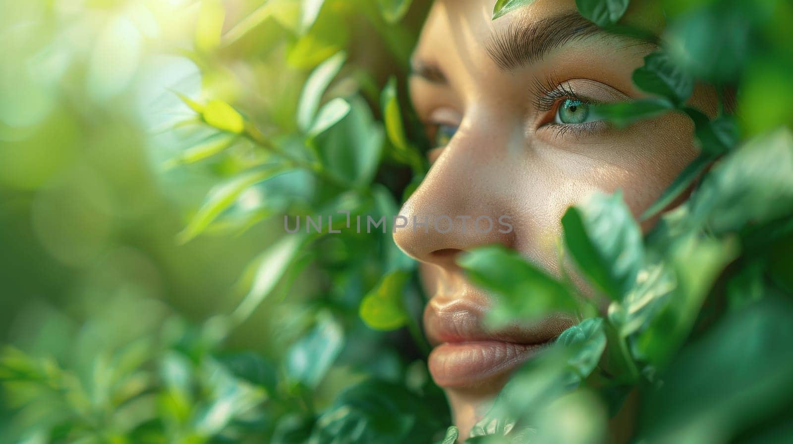 Close up portrait of beautiful young woman with green leaves on face.