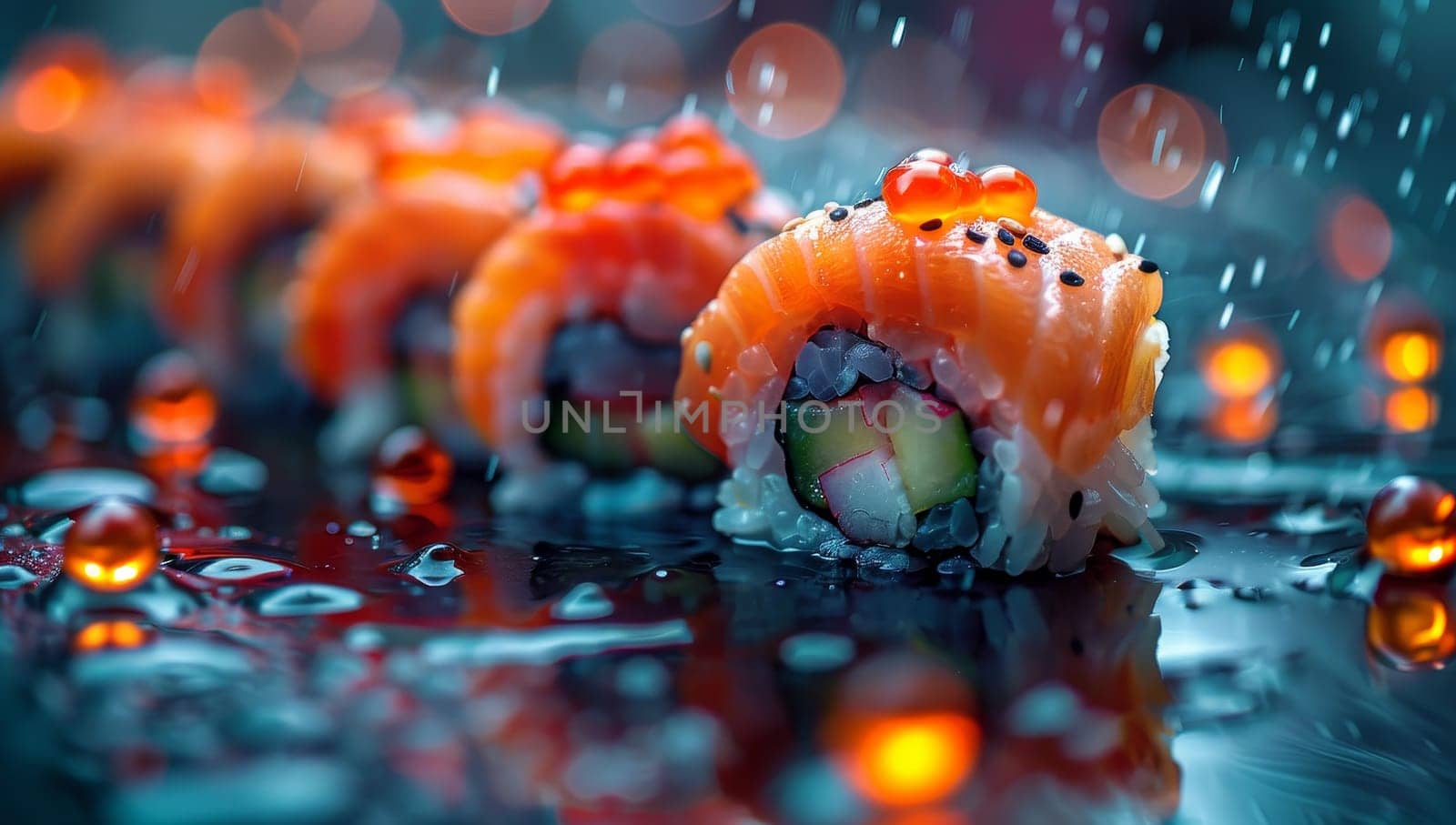 Sushi roll with salmon avocado cucumber cream cheese and tobiko caviar
