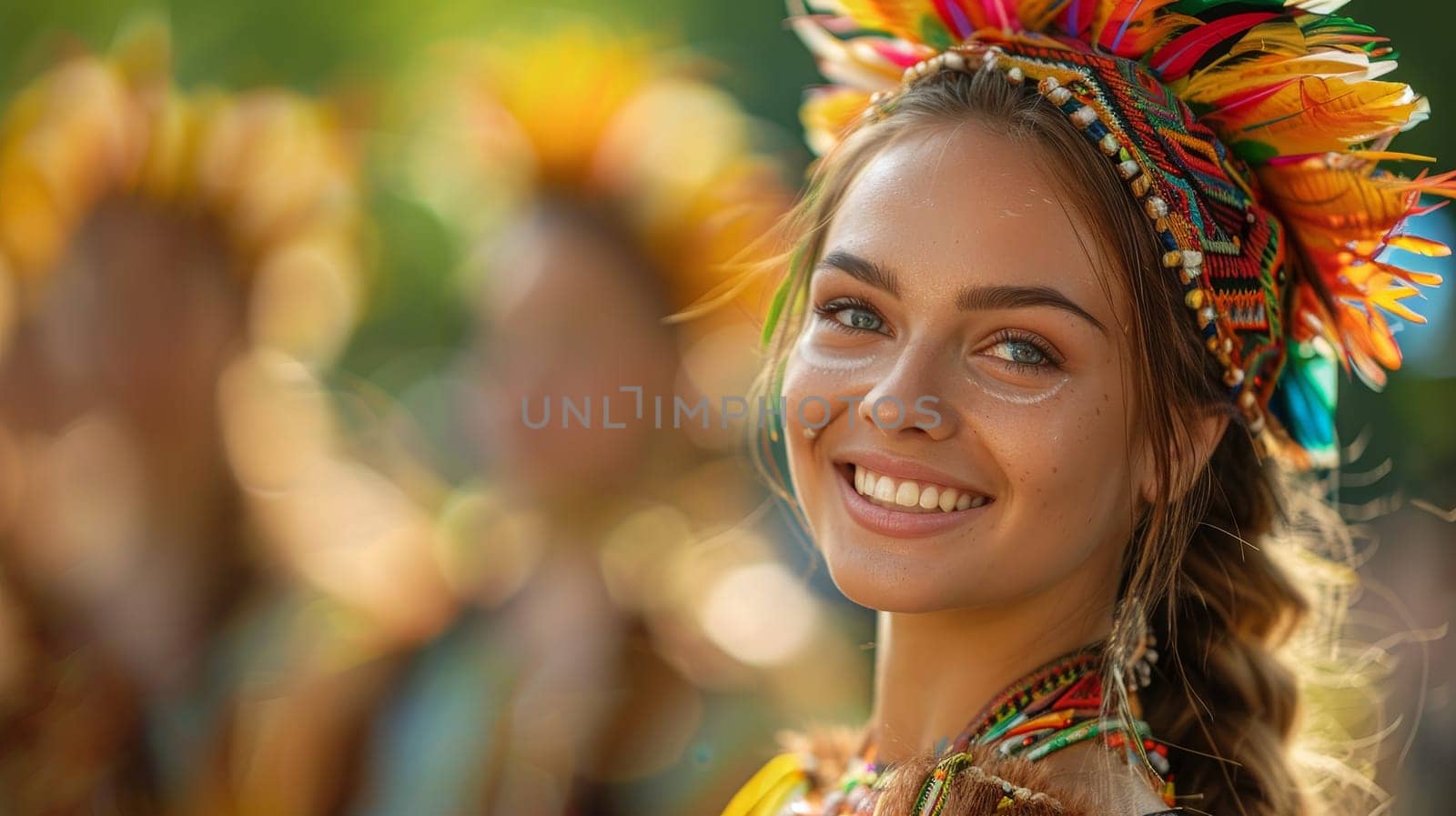 Young woman in colorful Indian headdress outdoors