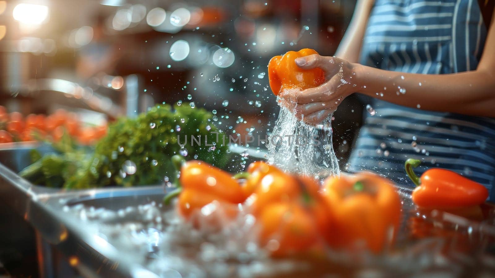 Woman Cleaning Fresh Bell Pepper in Kitchen