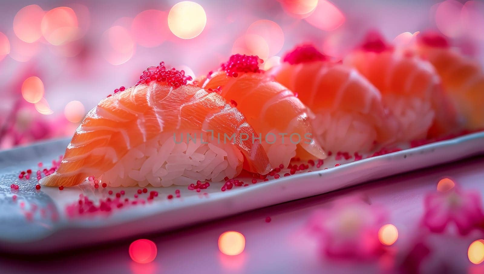 sushi on a white plate on a pink background with sparkles