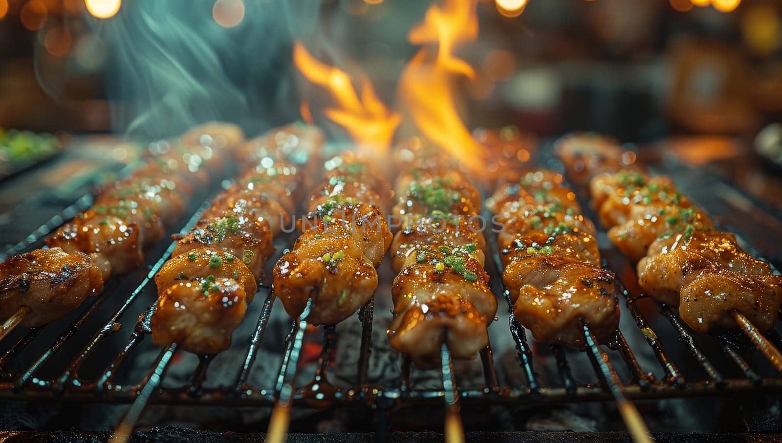 Grilled Chicken Skewers Sizzling on Barbecue