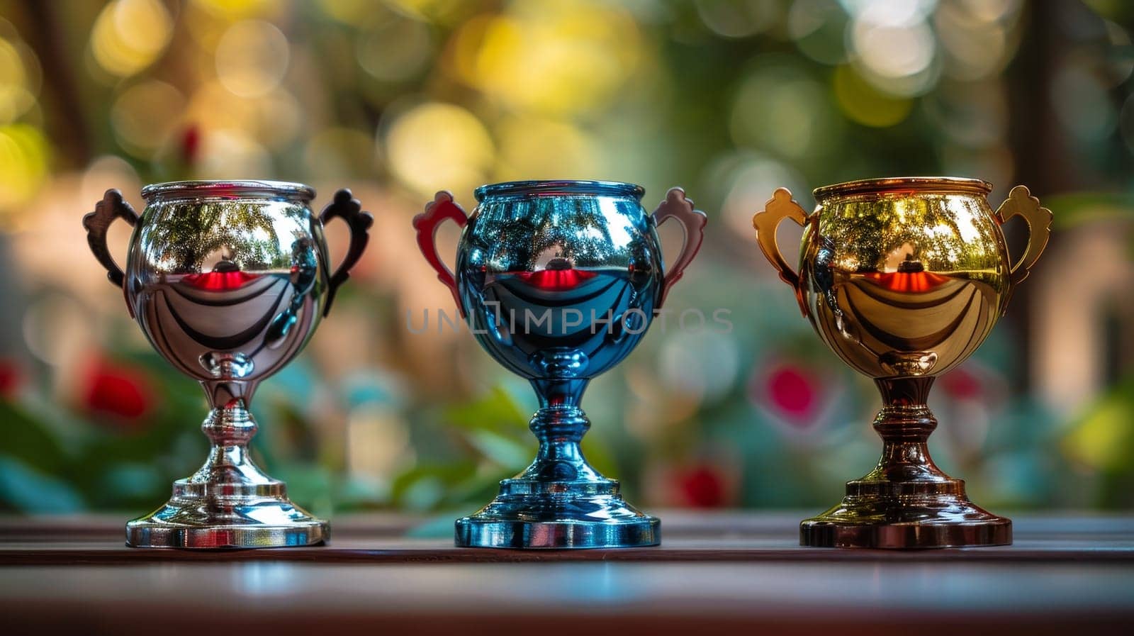Trophy cup on wood table with bokeh light background.