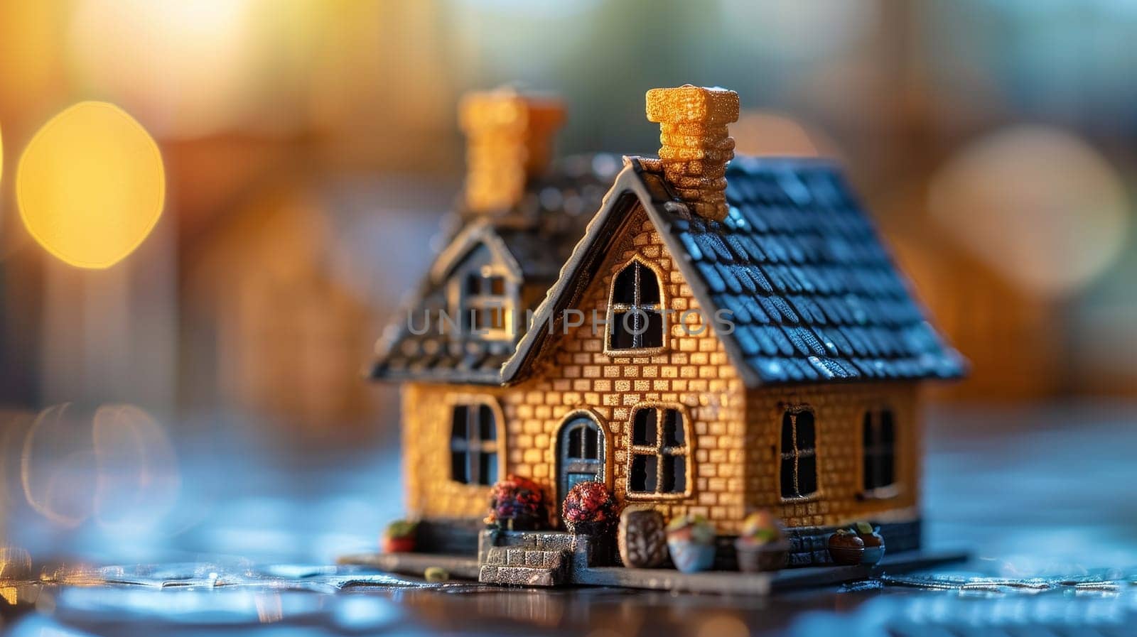 Miniature toy house on the table with bokeh background.