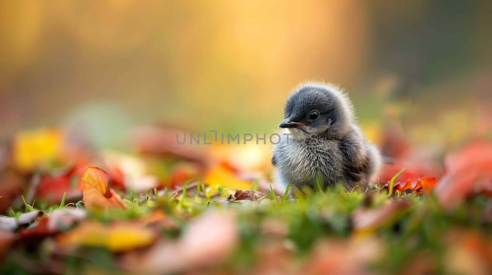 Little Chick Amidst Autumn Leaves in Park