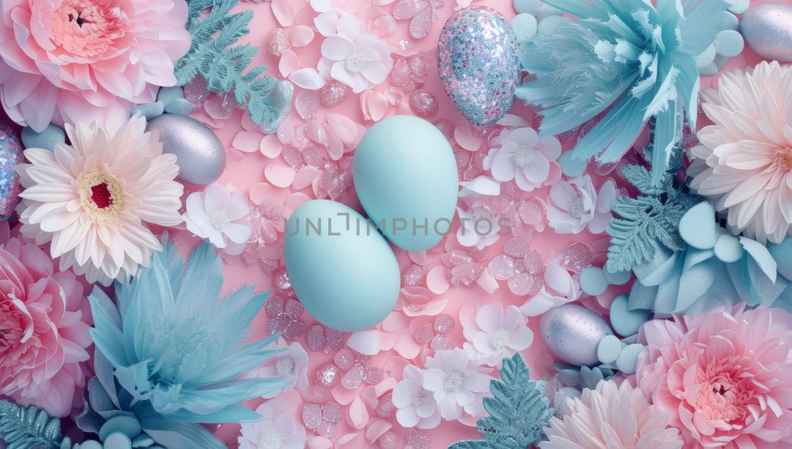 Blue Easter eggs and vibrant flowers on pink backdrop