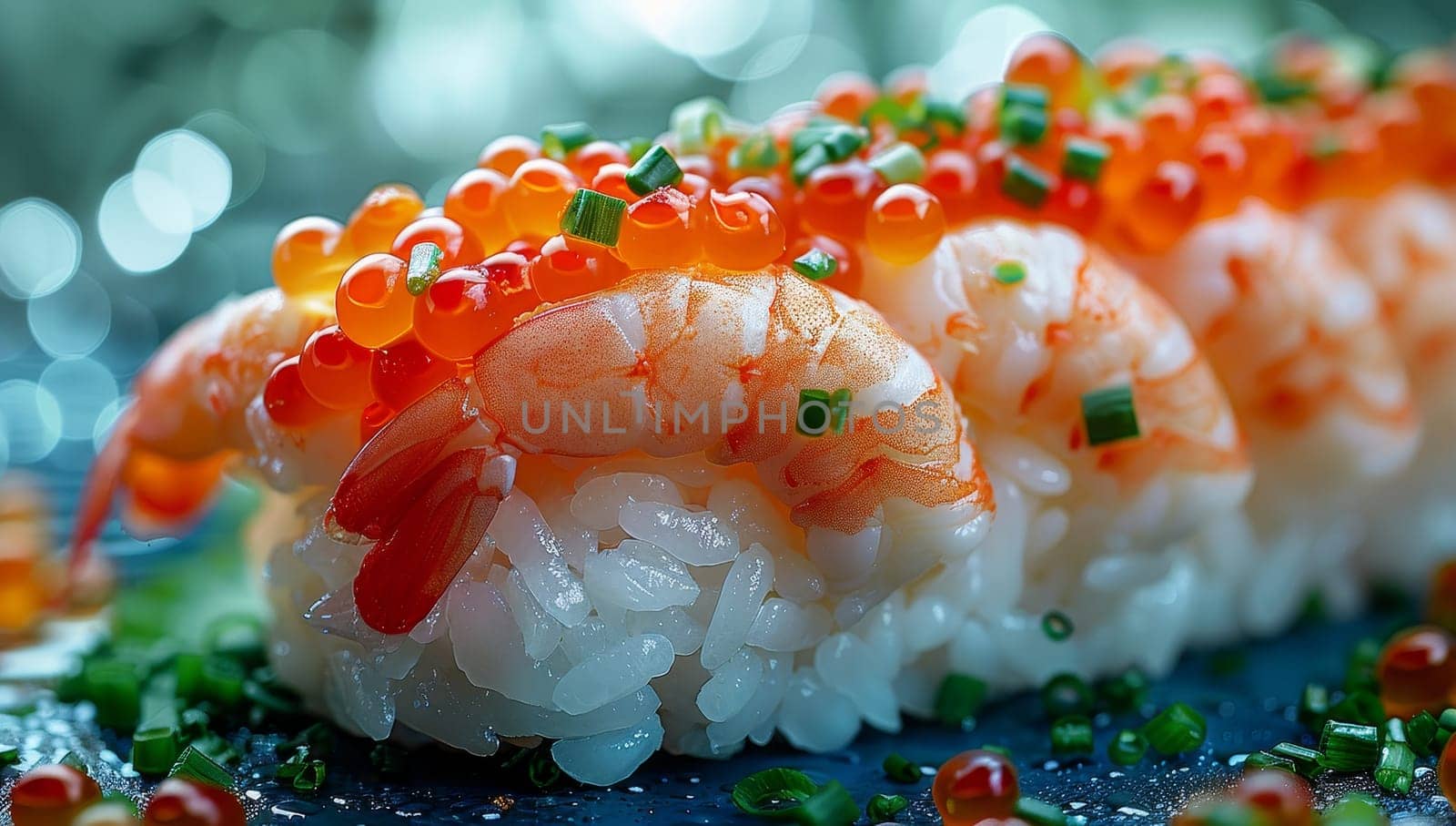 Sushi with prawns, red caviar and green onions