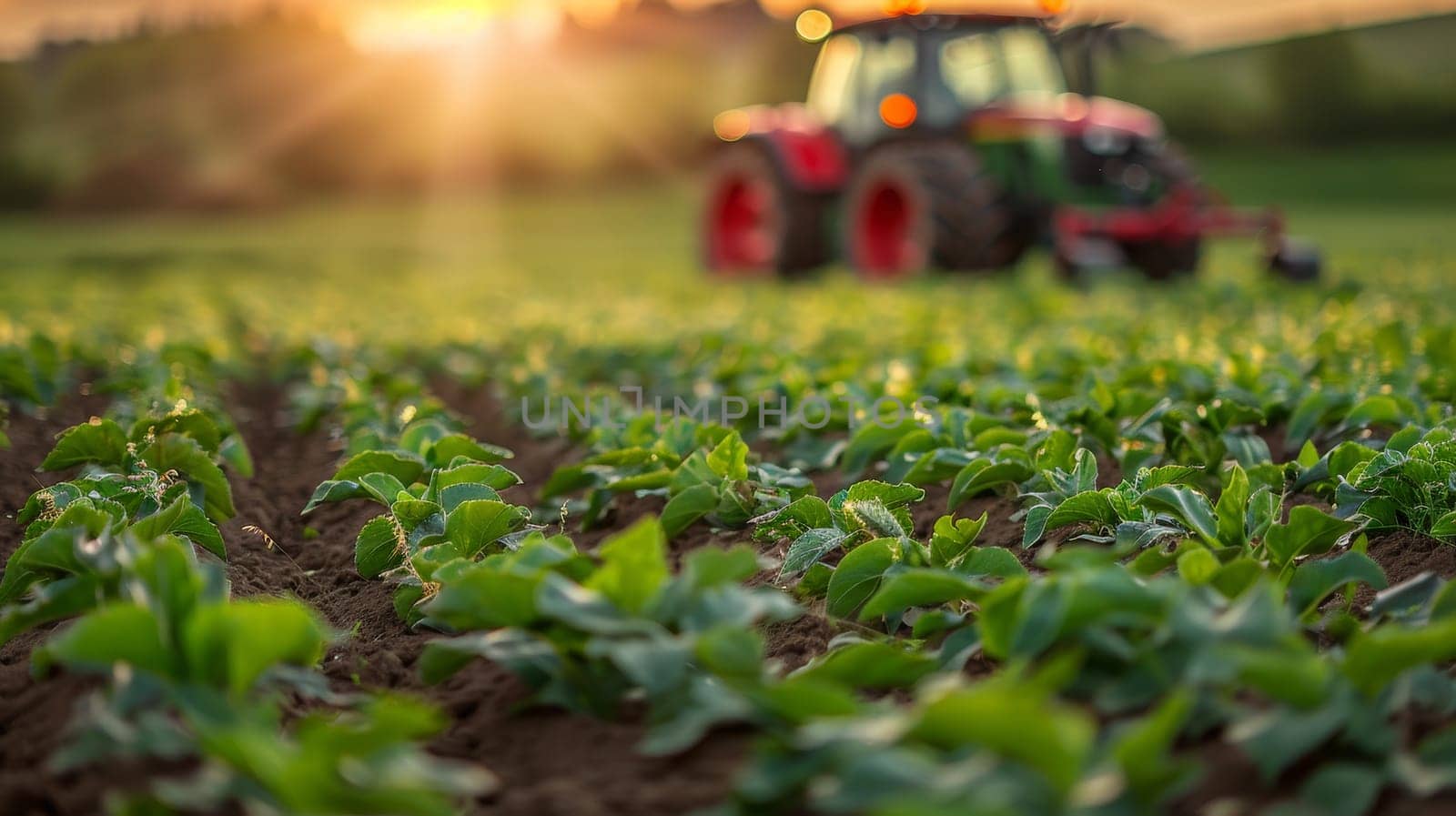 Red tractor spraying pesticides on vibrant green soybean field at sunrise