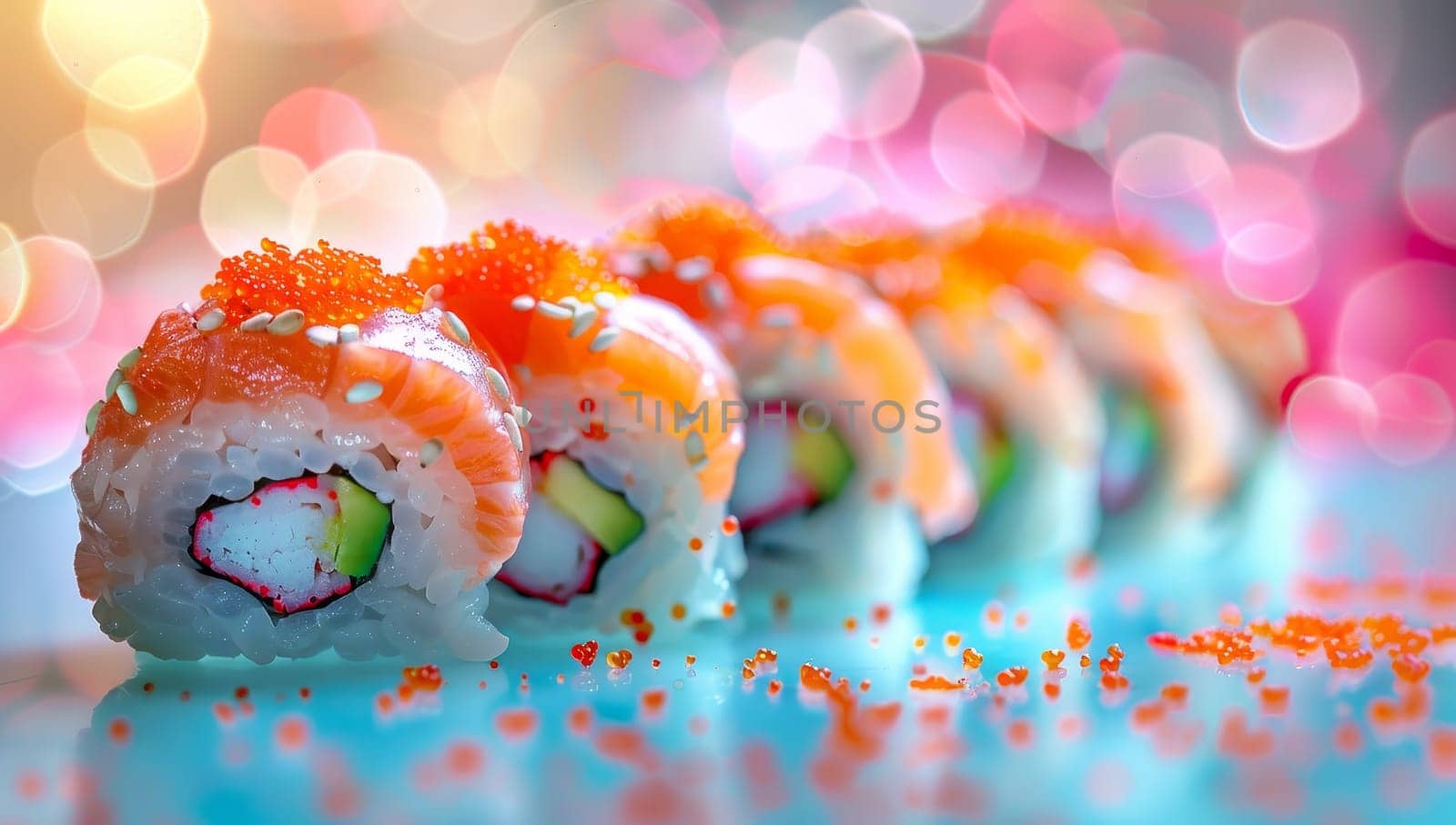 Vibrant Sushi Rolls Topped with Orange Roe Illuminated by Colorful Bokeh Lights