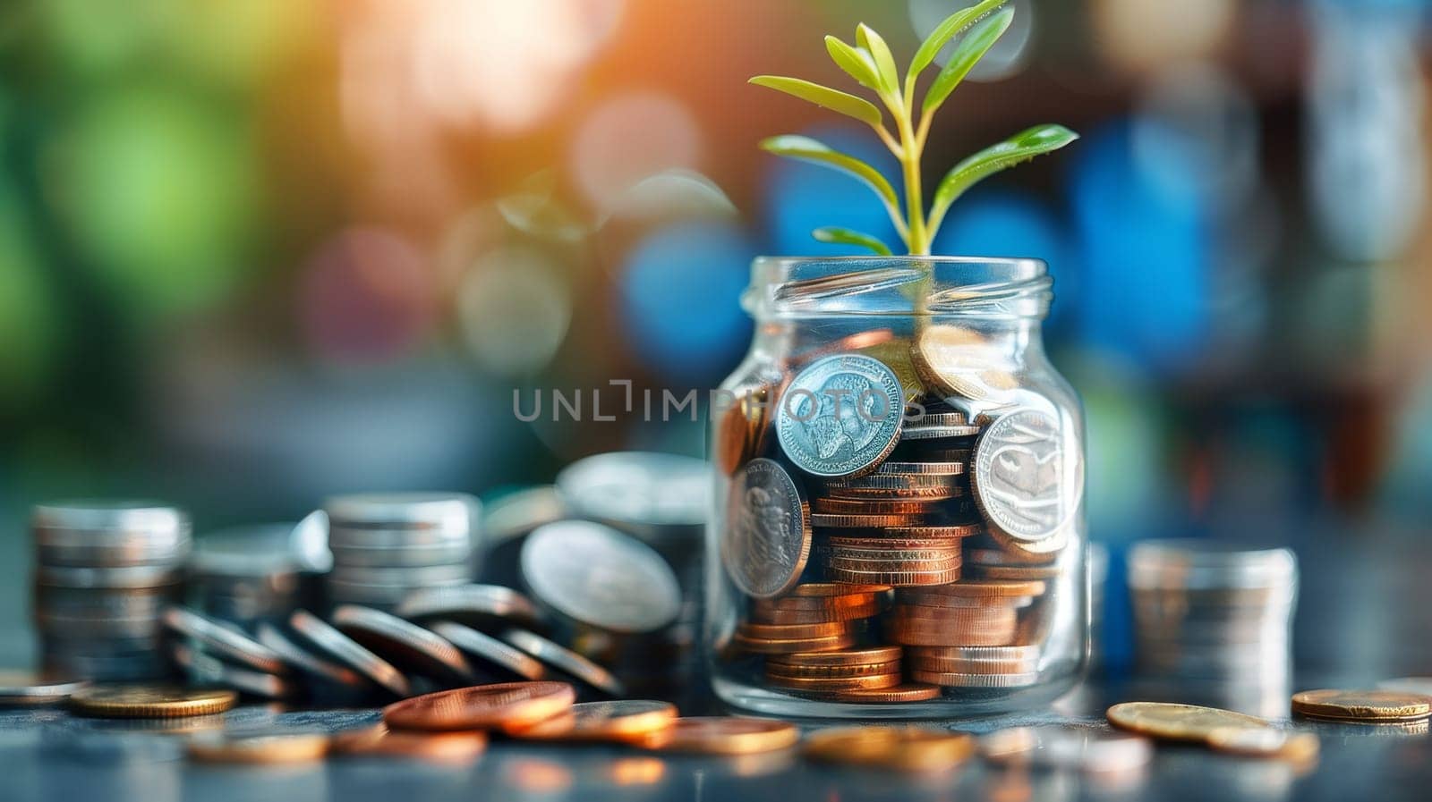 Coins in glass jar with green plant on blurred background. Saving money concept.
