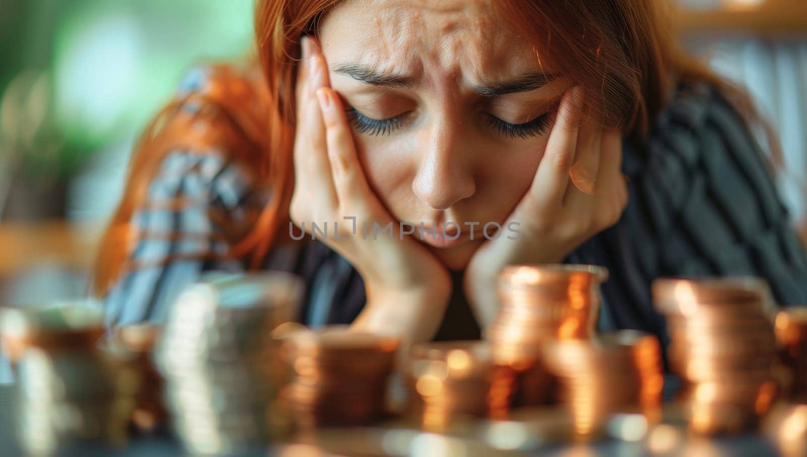 Closeup portrait of stressed young woman looking at stacks of coins.