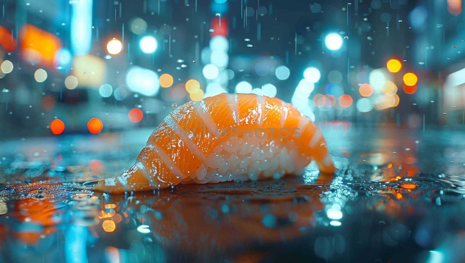 sushi on the wet street in the rain