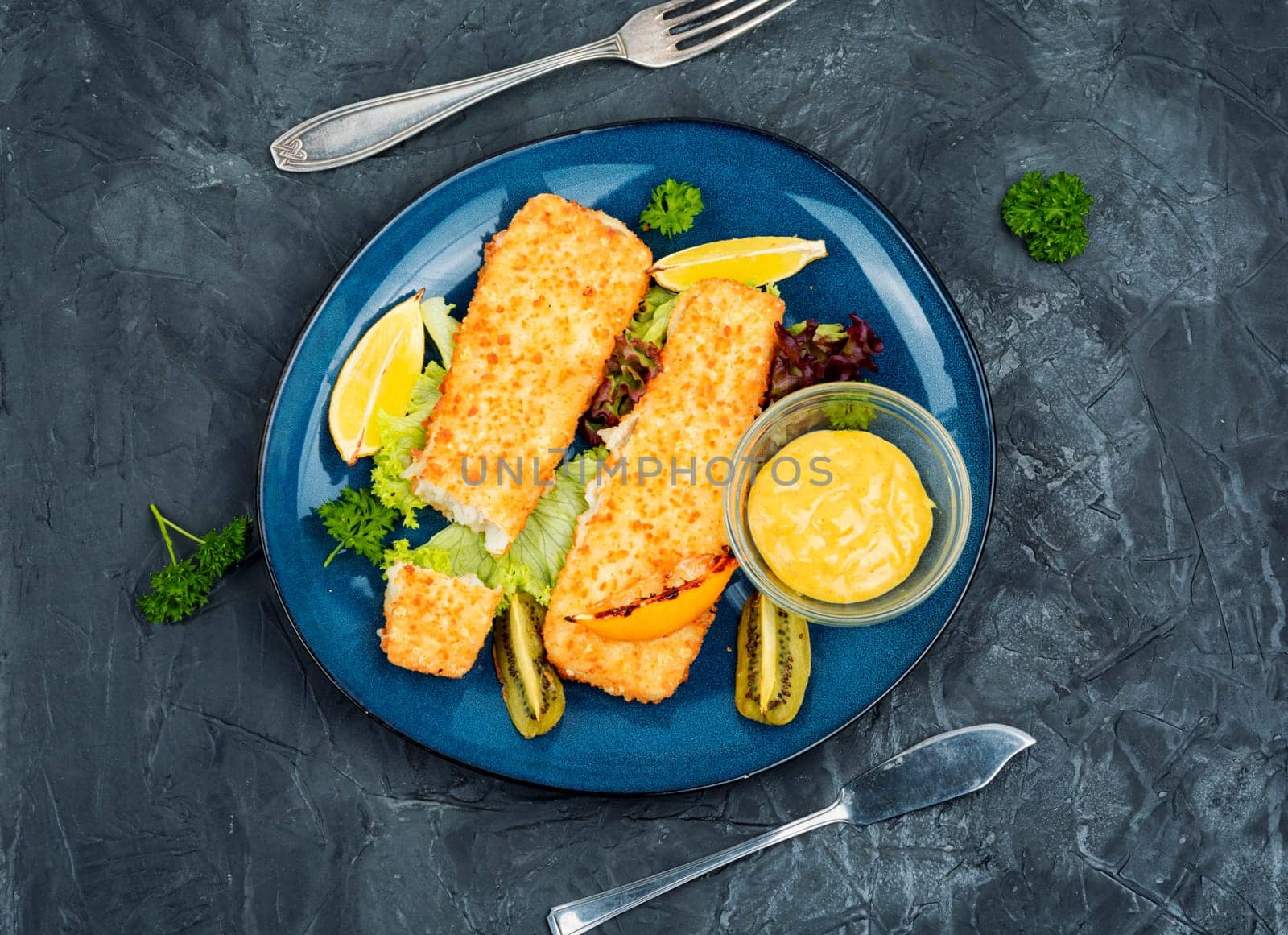 Fish fillet roasted in bread crumbs and with kiwi. Top view.