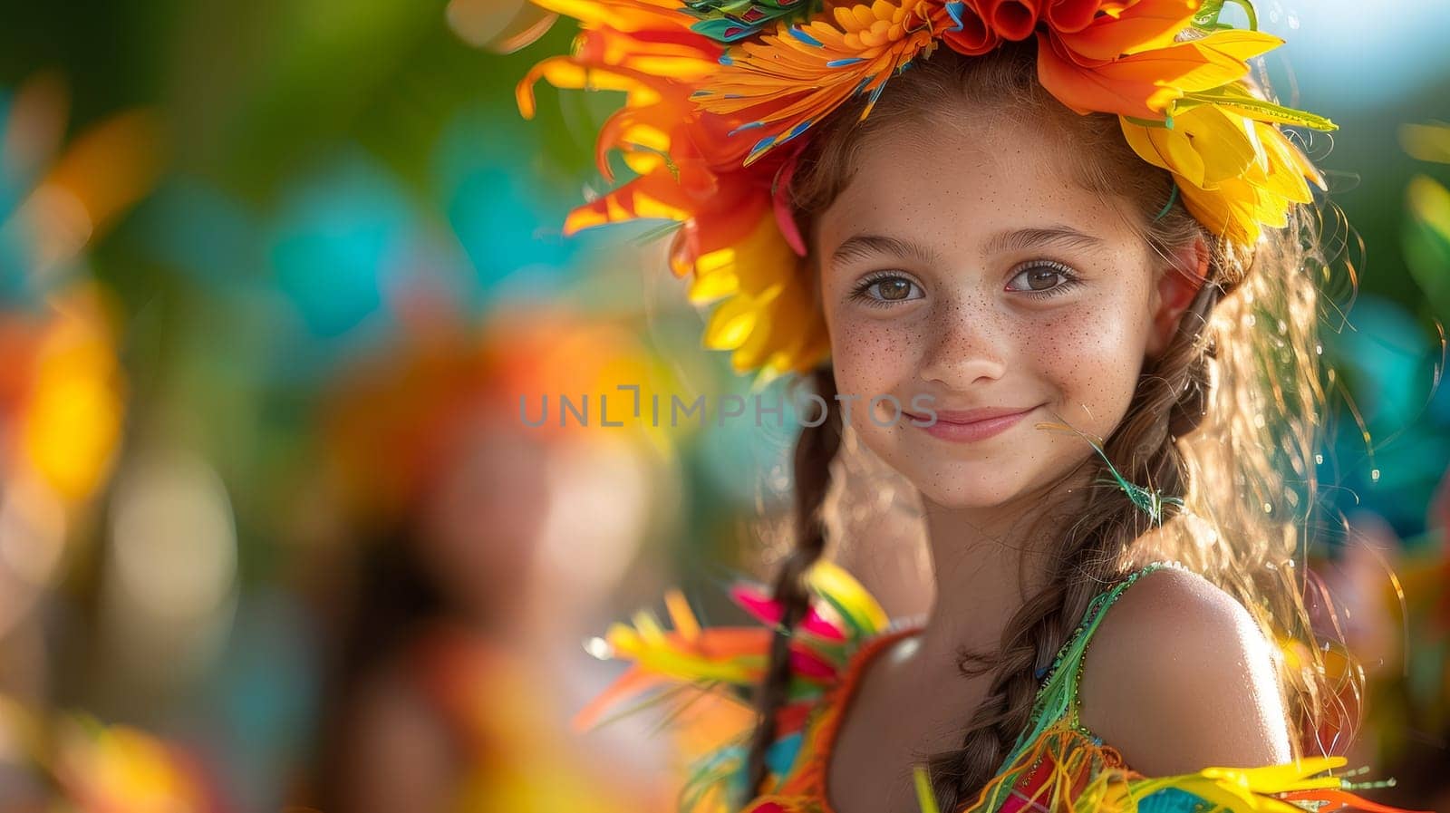 Cheerful Girl with Floral Wreath at Carnival