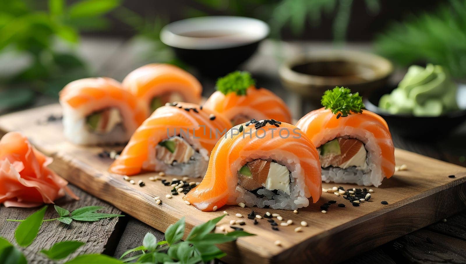Delicious sushi rolls served on wooden board