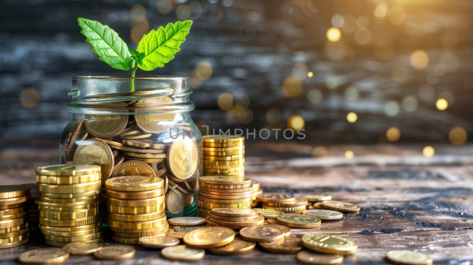 Financial Growth Depicted by Plant Growing in Coin filled Jar