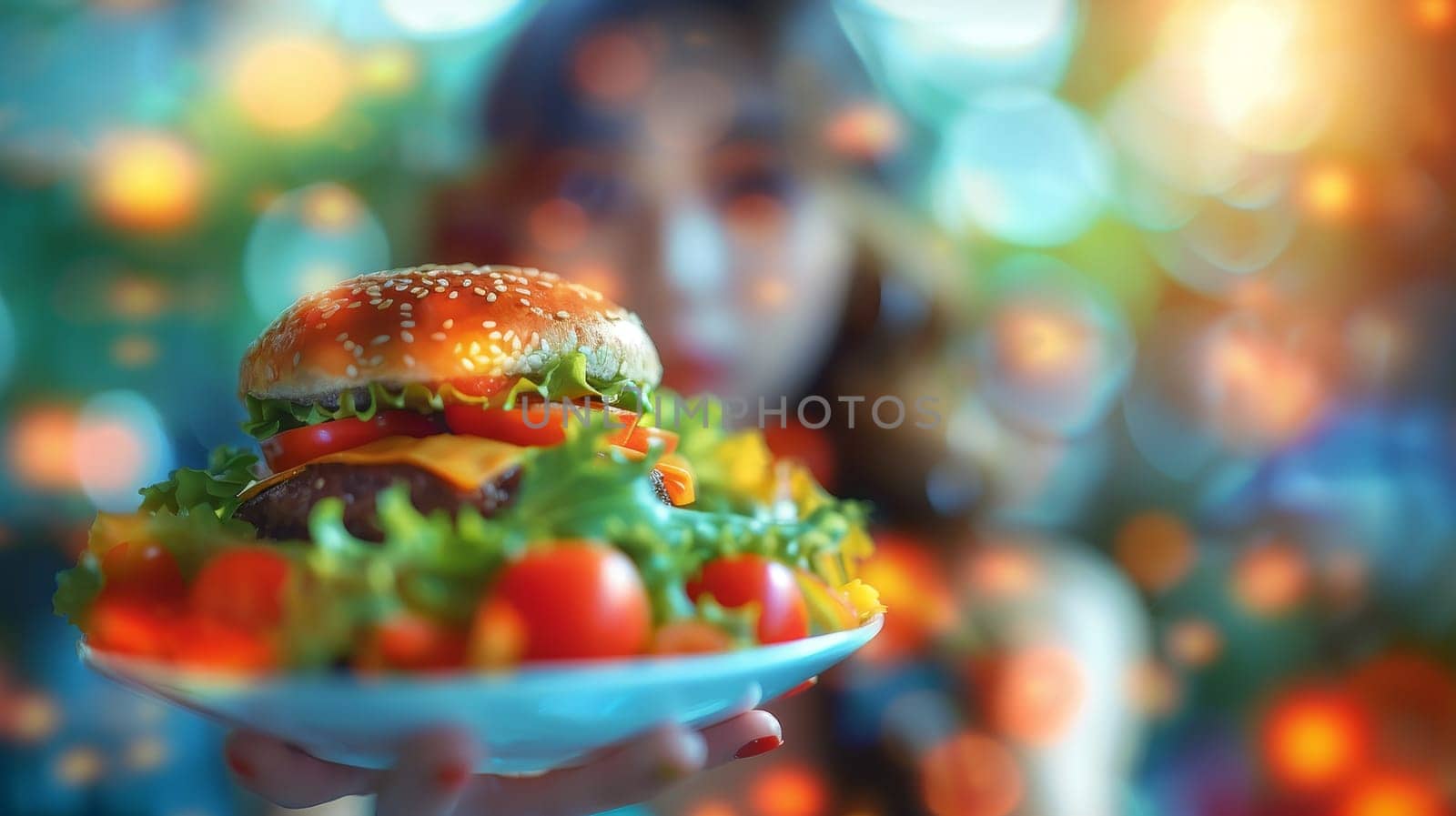 Hamburger in woman hand on bokeh light background.