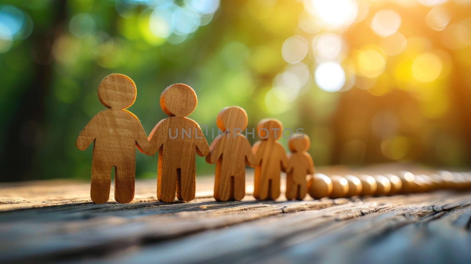 Wooden figures of a family on a wooden background. The concept of unity and teamwork.