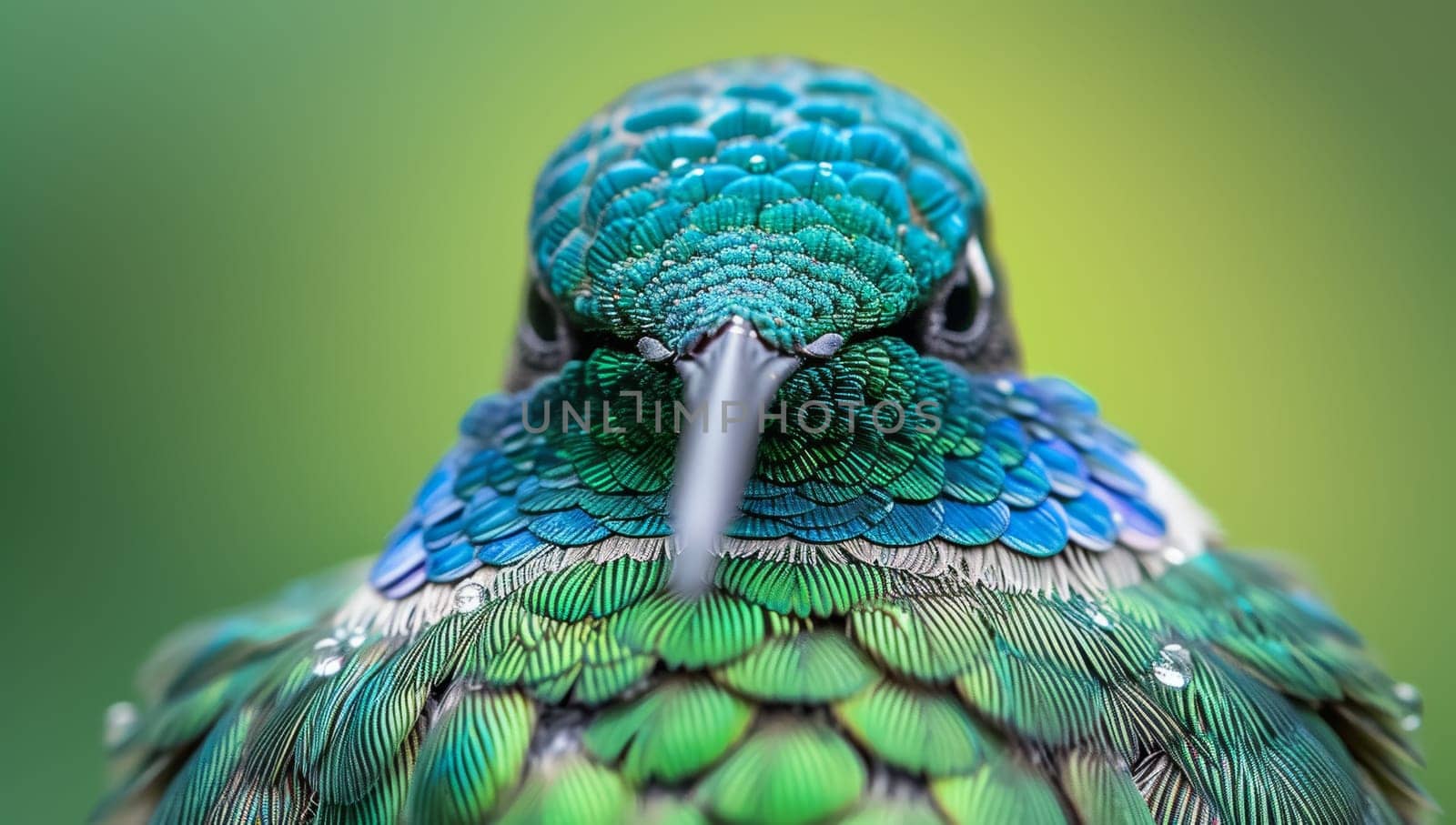 Vibrant Green and Blue Feathered Hummingbird Closeup