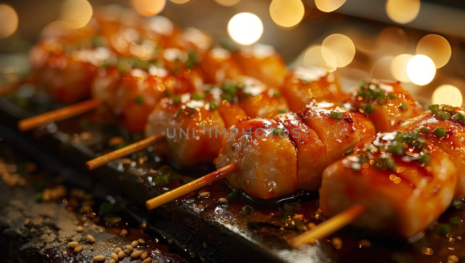 Grilled Salmon Skewers Garnished on Wooden Table