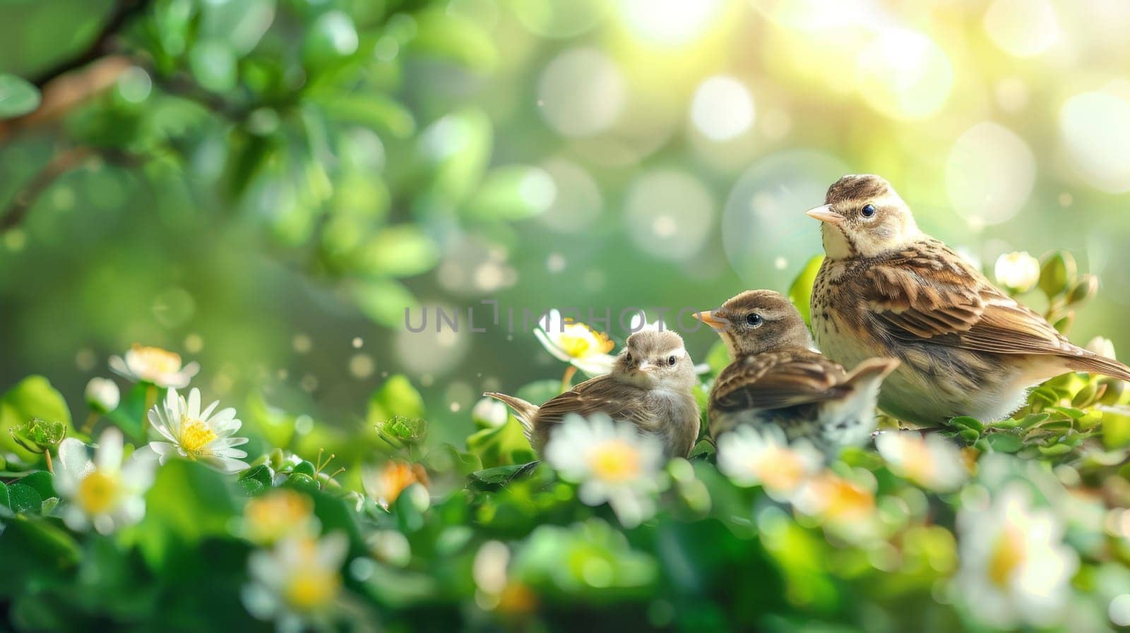 Little sparrows and chicks in the grass with green bokeh background