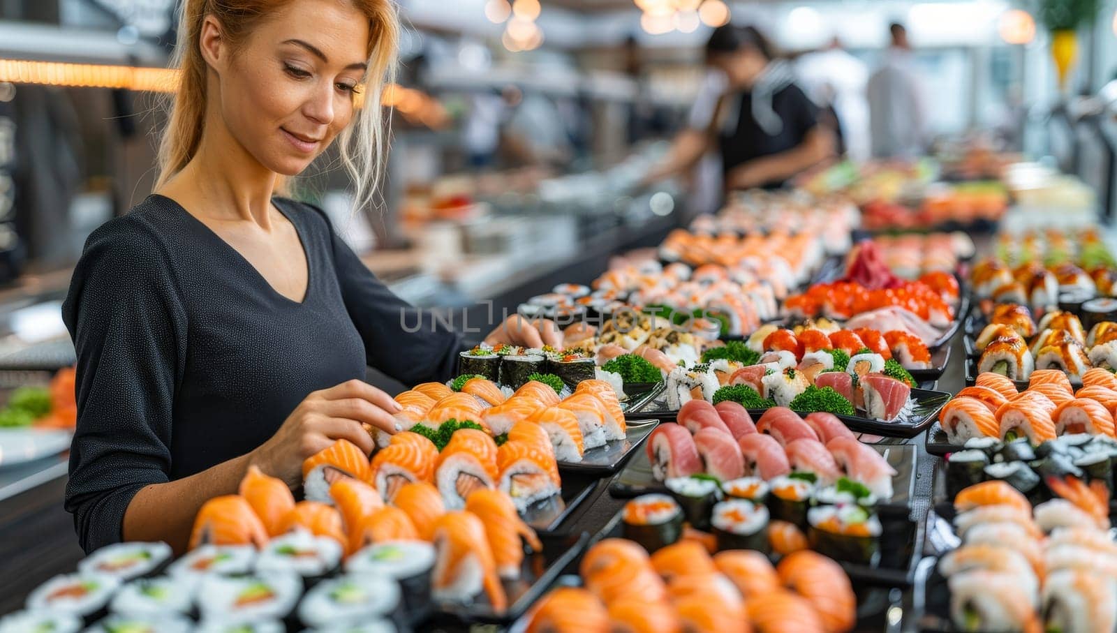 Woman Selecting Sushi in Japanese Restaurant