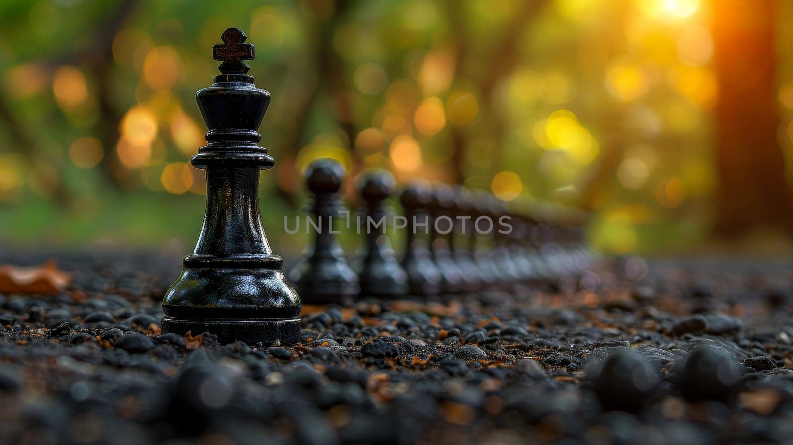 Black chess pieces on the ground in the forest.