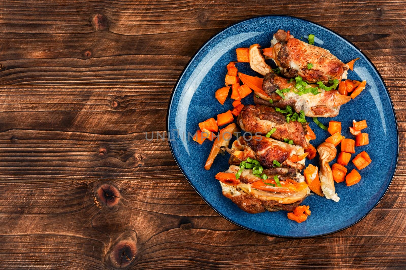 Rolled meat stuffed with apples and sweet potatoes. Space for text.