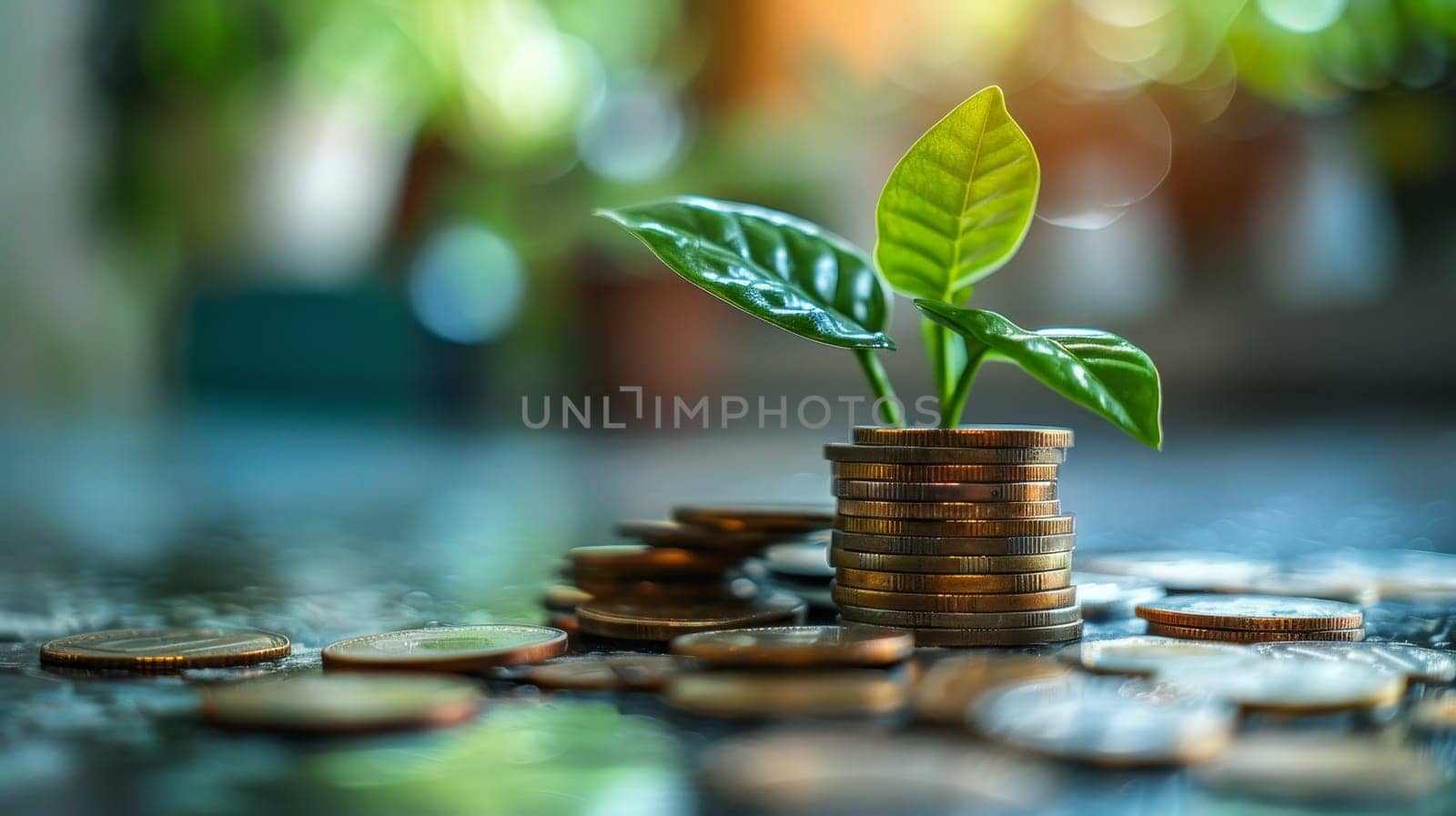 Green plant growing from a stack of coins symbolizing financial growth