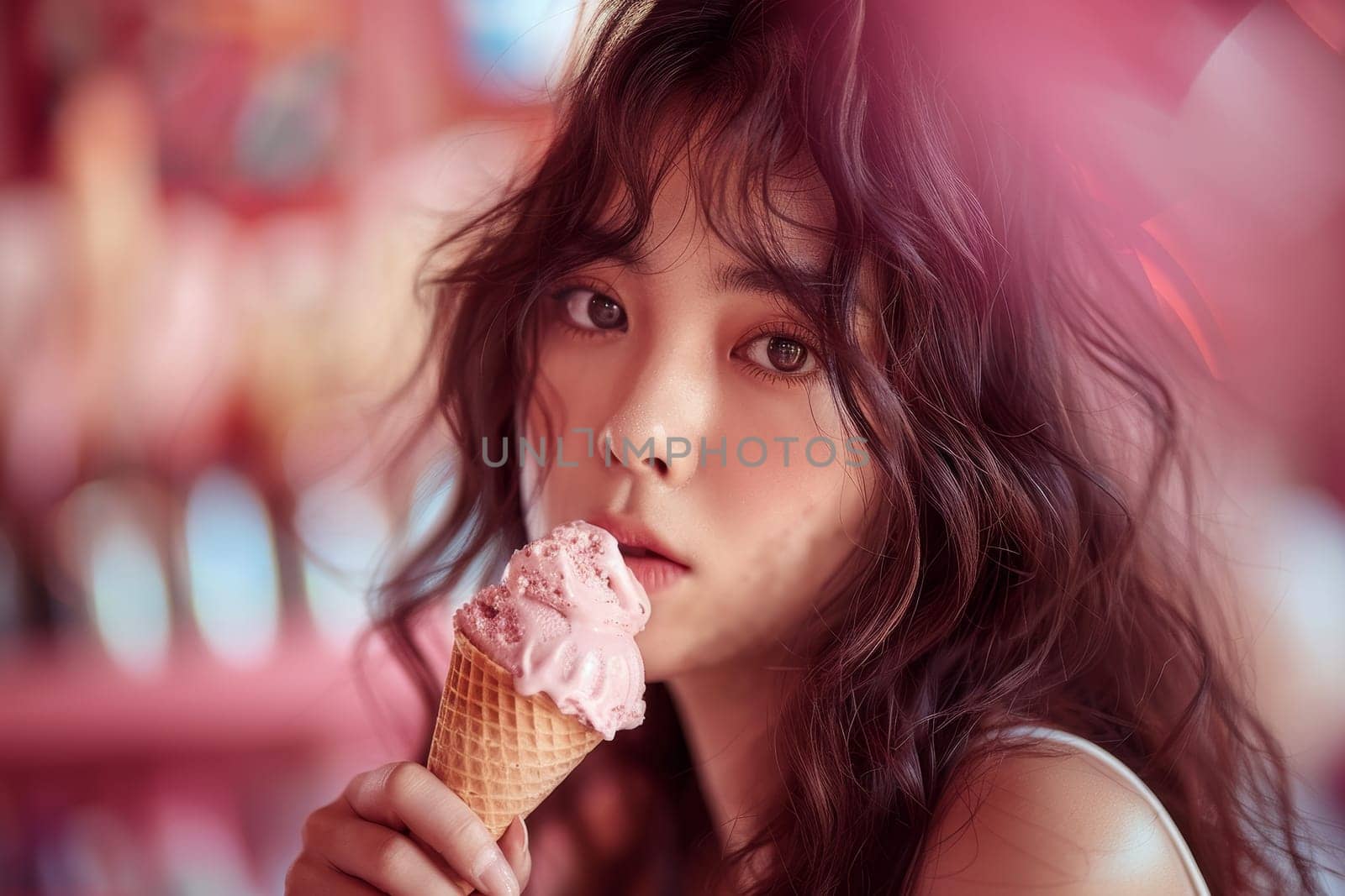 Young girl relishing pink ice cream outdoors