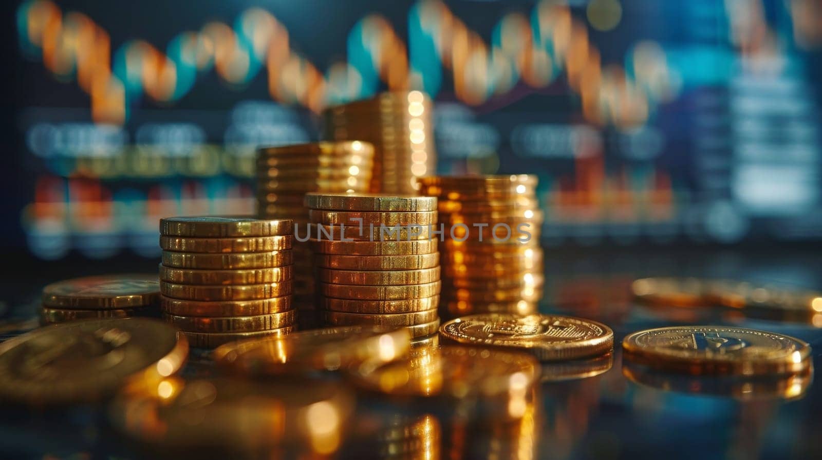 Gold coin stacks with trading graph and candlestick chart