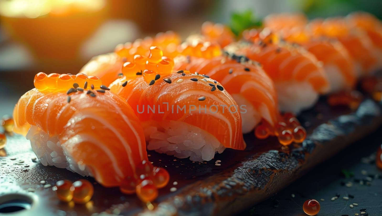 Fresh Salmon Sushi with Caviar on Wooden Board