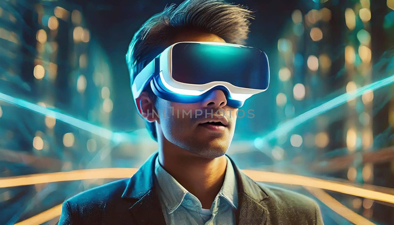A person is lost in a digital world, their face obscured by the sleek goggles, as they explore the endless possibilities of virtual clothing