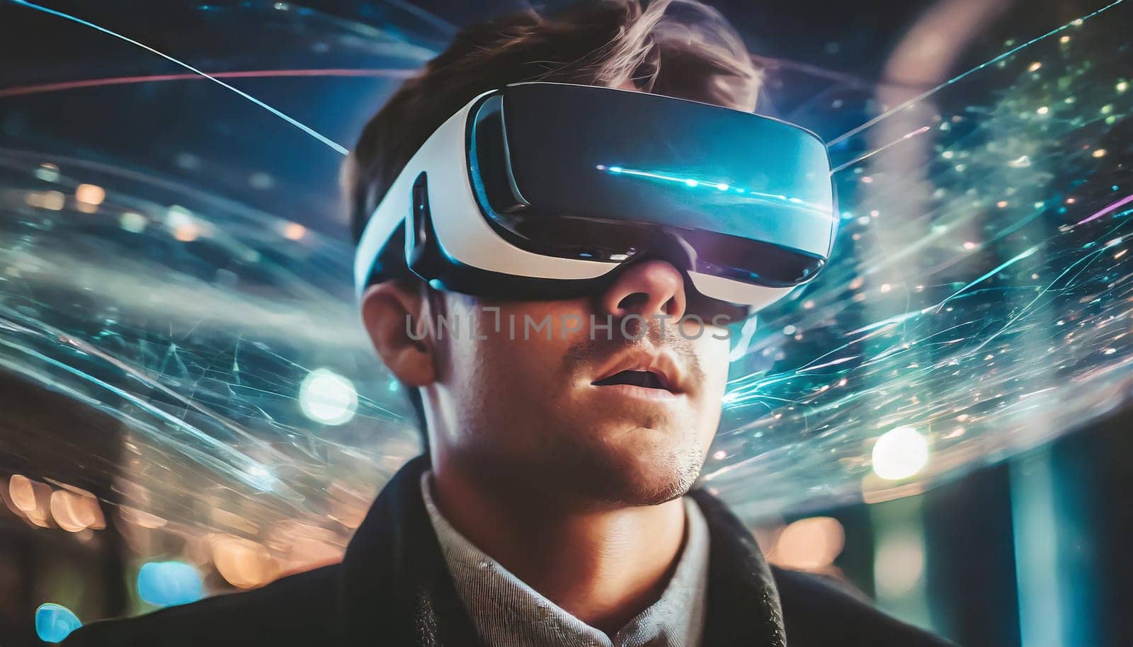 A person is lost in a digital world, their face obscured by the sleek goggles, as they explore the endless possibilities of virtual clothing