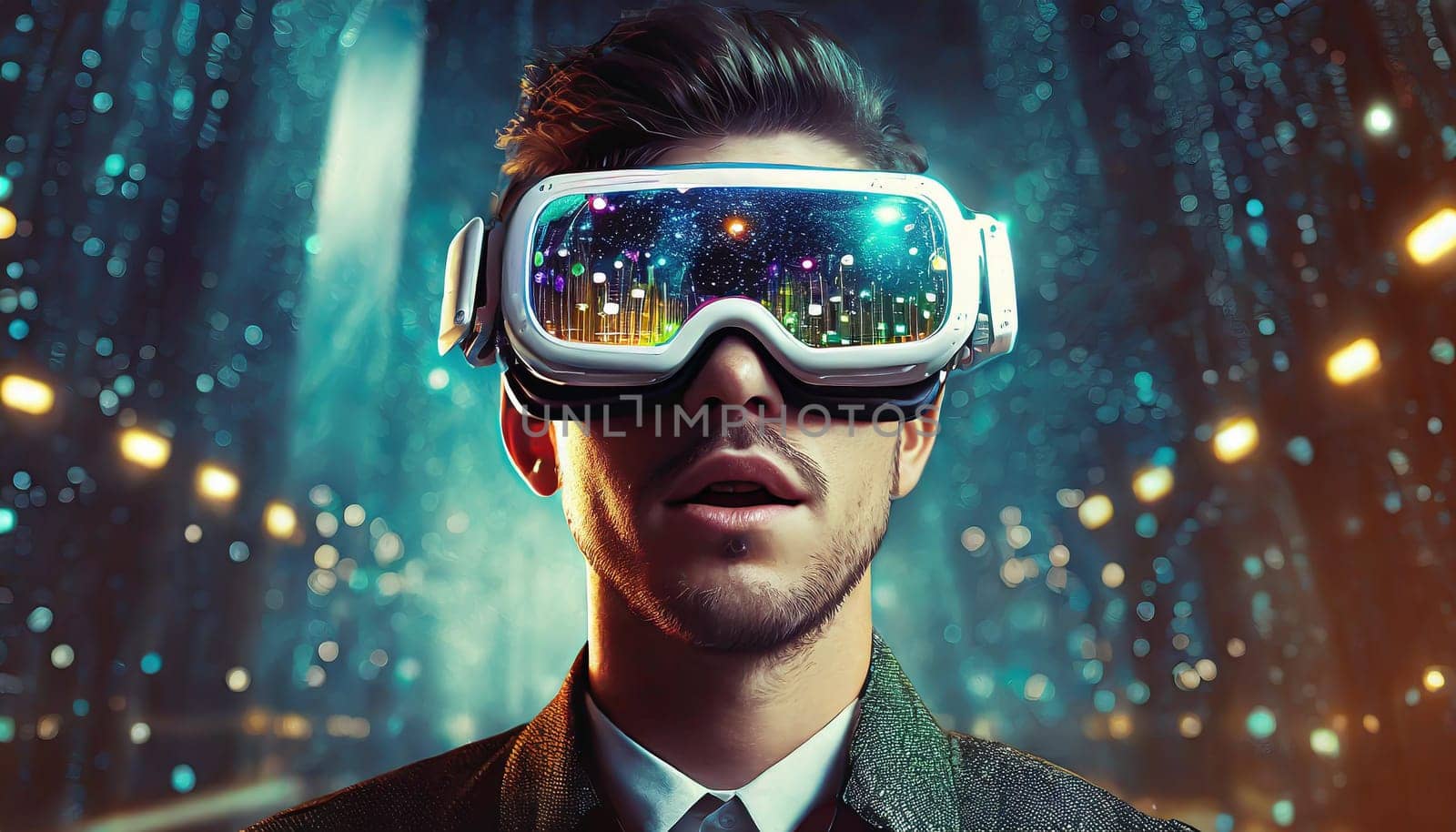 A person is lost in a digital world, their face obscured by the sleek goggles, as they explore the endless possibilities of virtual clothing