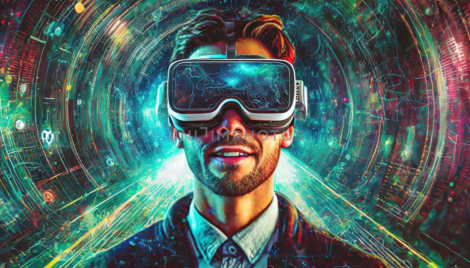 A person is lost in a digital world, their face obscured by the sleek goggles, as they explore the endless possibilities of virtual clothing