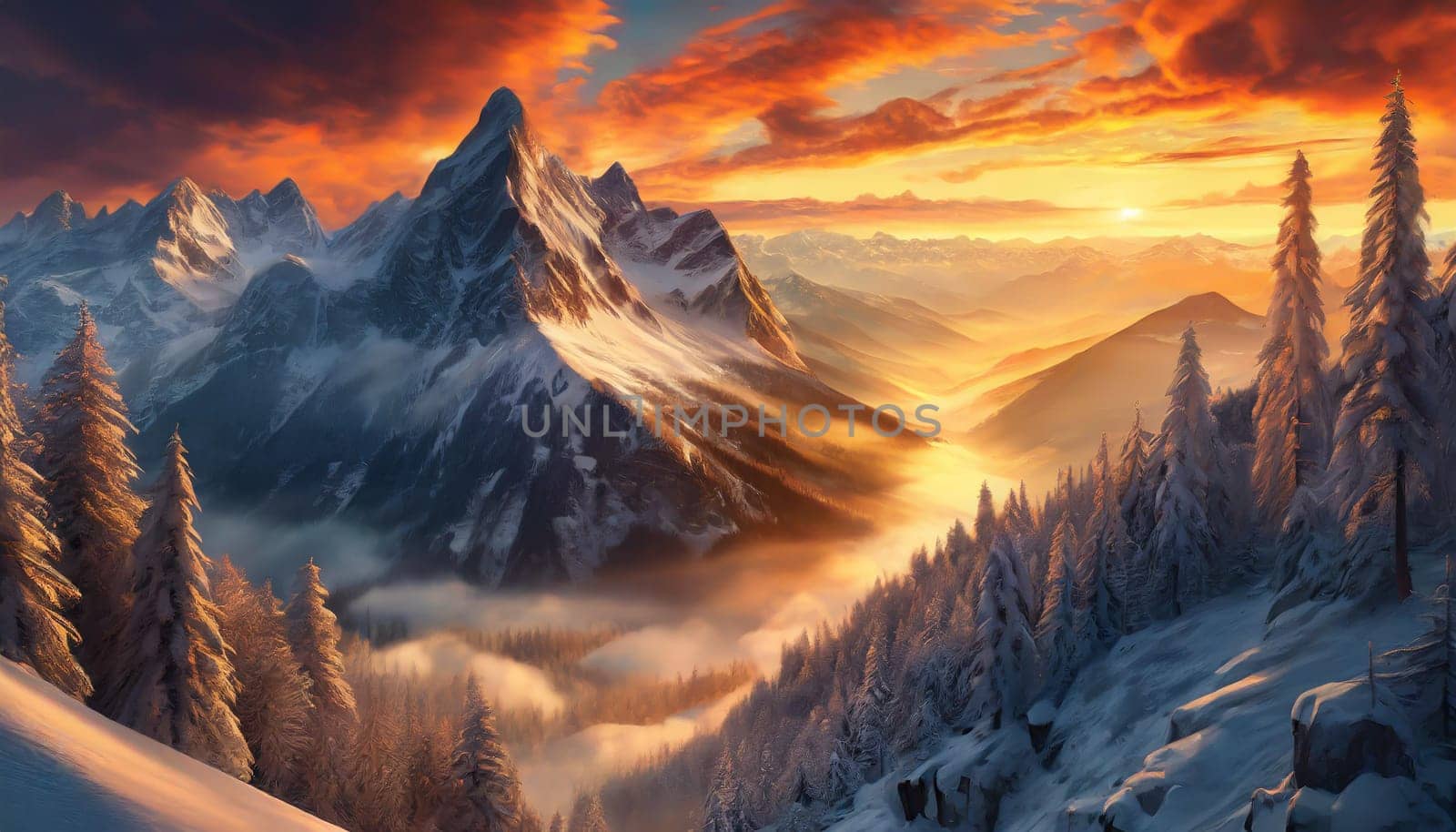Snowy mountains with clouds during a dark evening. Panoramic view of famous mountain peaks during evening light at sunset