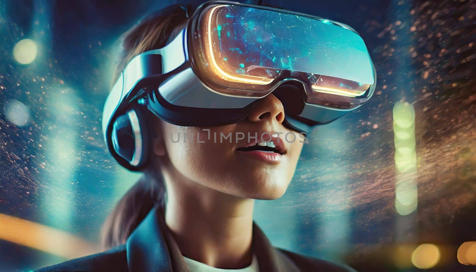 A person is lost in a digital world, their face obscured by the sleek goggles, as they explore the endless possibilities of virtual clothing