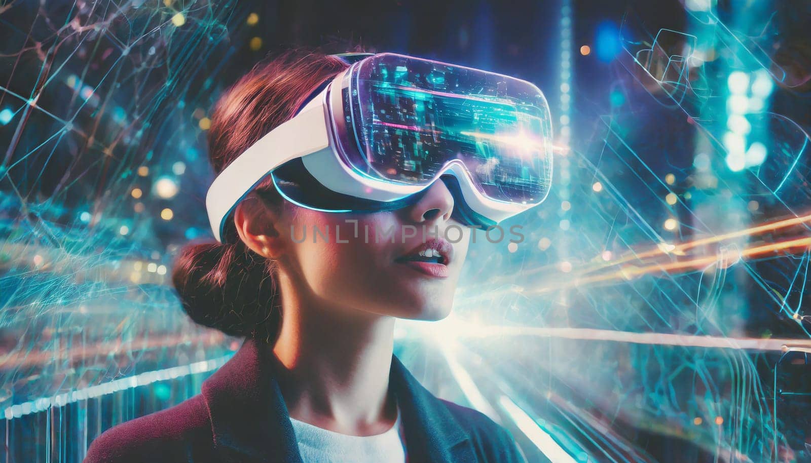 A person is lost in a digital world, their face obscured by the sleek goggles, as they explore the endless possibilities of virtual clothing