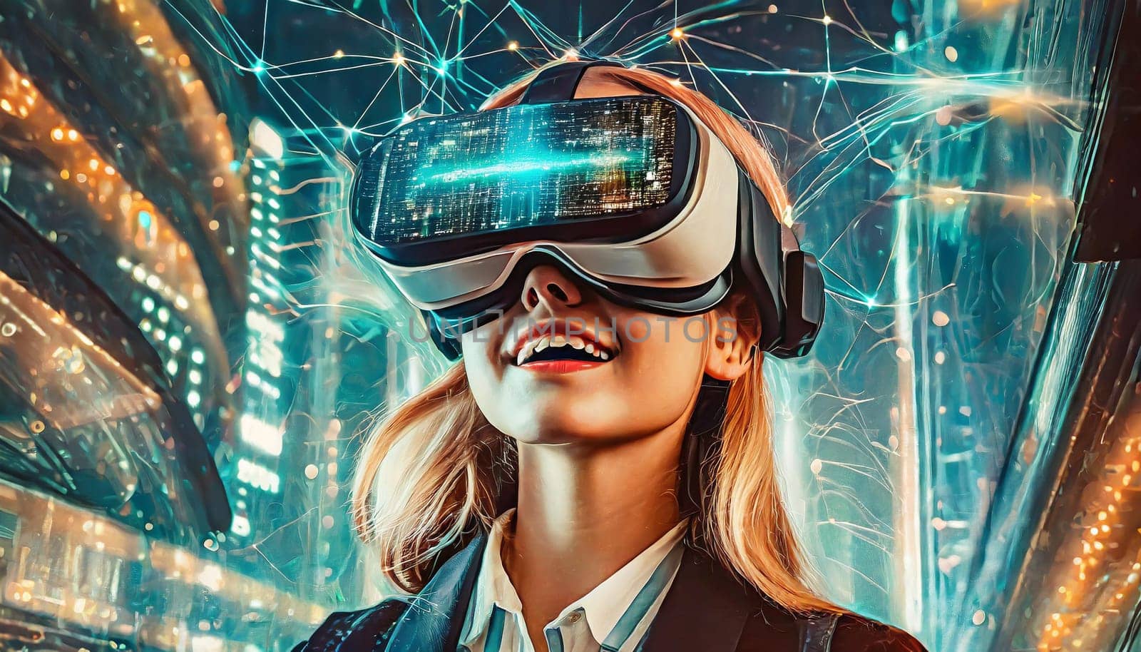 A person is lost in a digital world, their face obscured by the sleek goggles, as they explore the endless possibilities of virtual clothing