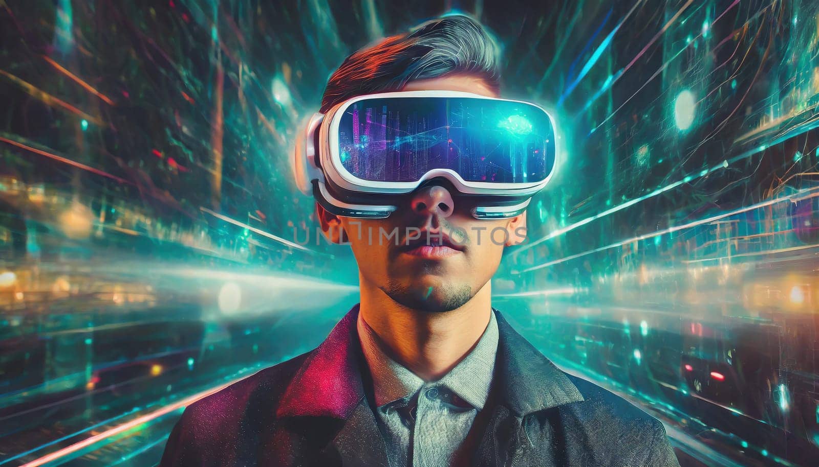 A person is lost in a digital world, their face obscured by the sleek goggles, as they explore the endless possibilities of virtual clothing