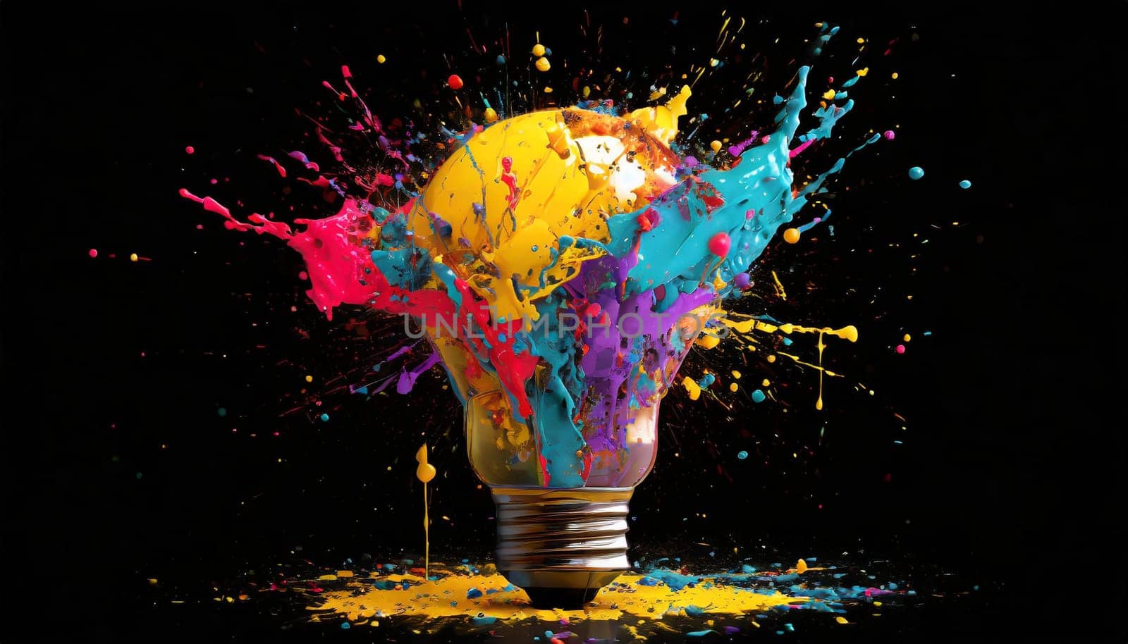 Creative light bulb explodes with colorful paint and splashes on a black background. Think differently creative idea concept