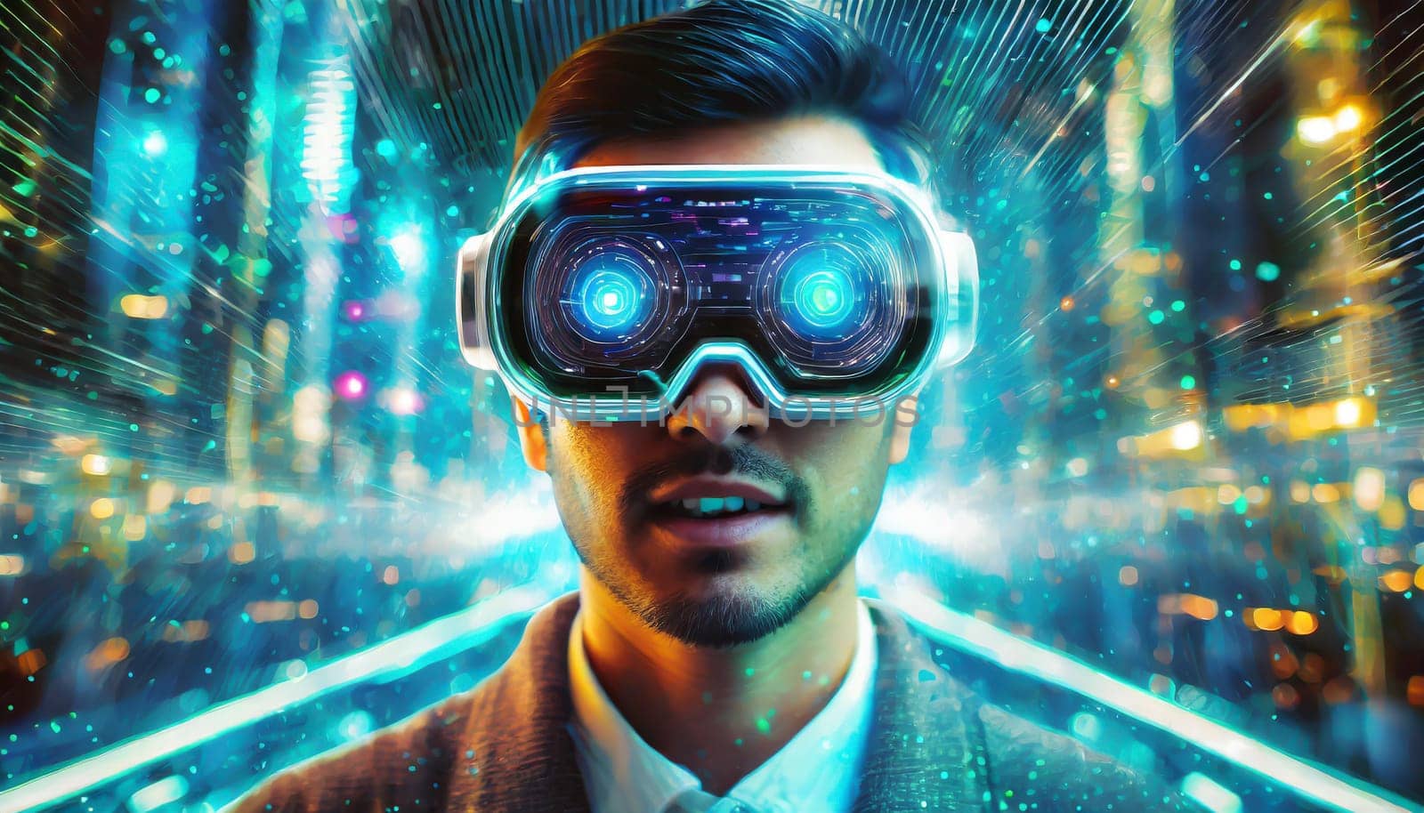 A person getting experience using VR-headset glasses. Digital future and innovation. Visual reality concept. One with glasses of virtual reality. Happy using VR headset. This is cool
