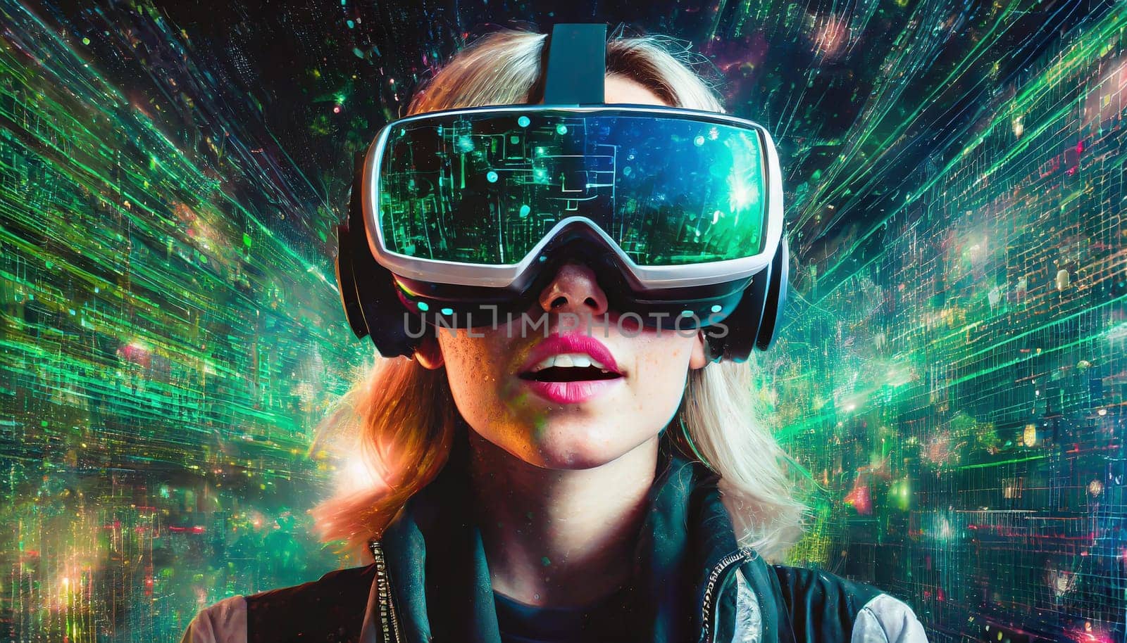 A person getting experience using VR-headset glasses. Digital future and innovation. Visual reality concept. One with glasses of virtual reality. Happy using VR headset. This is cool