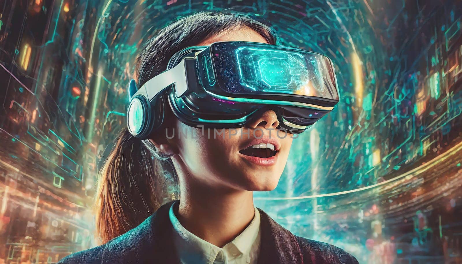 A person is lost in a digital world, their face obscured by the sleek goggles, as they explore the endless possibilities of virtual clothing