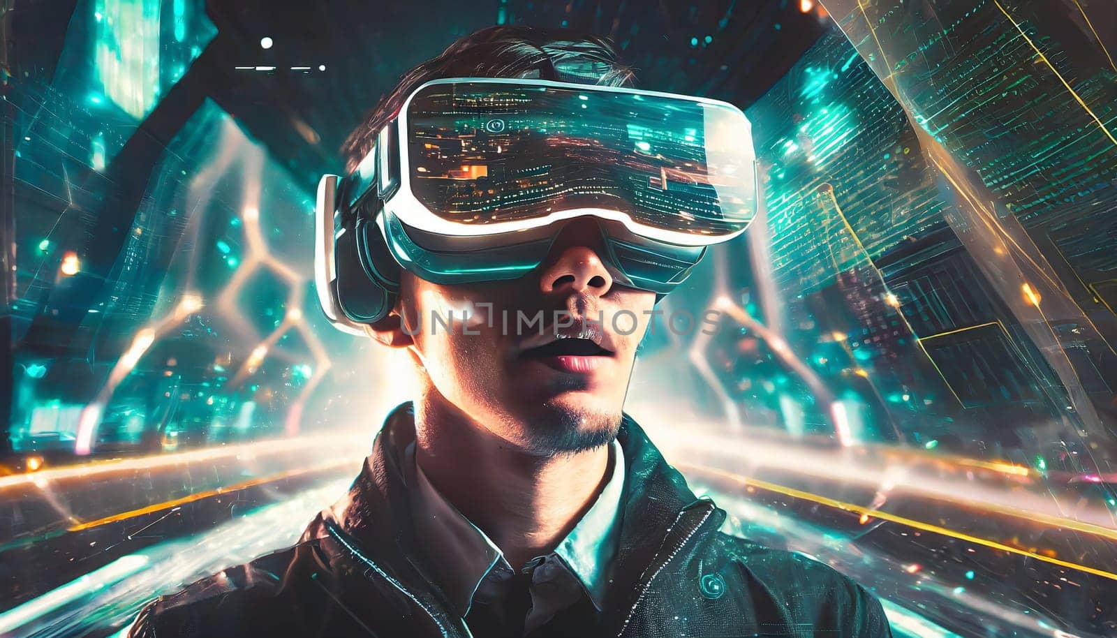 A person is lost in a digital world, their face obscured by the sleek goggles, as they explore the endless possibilities of virtual clothing