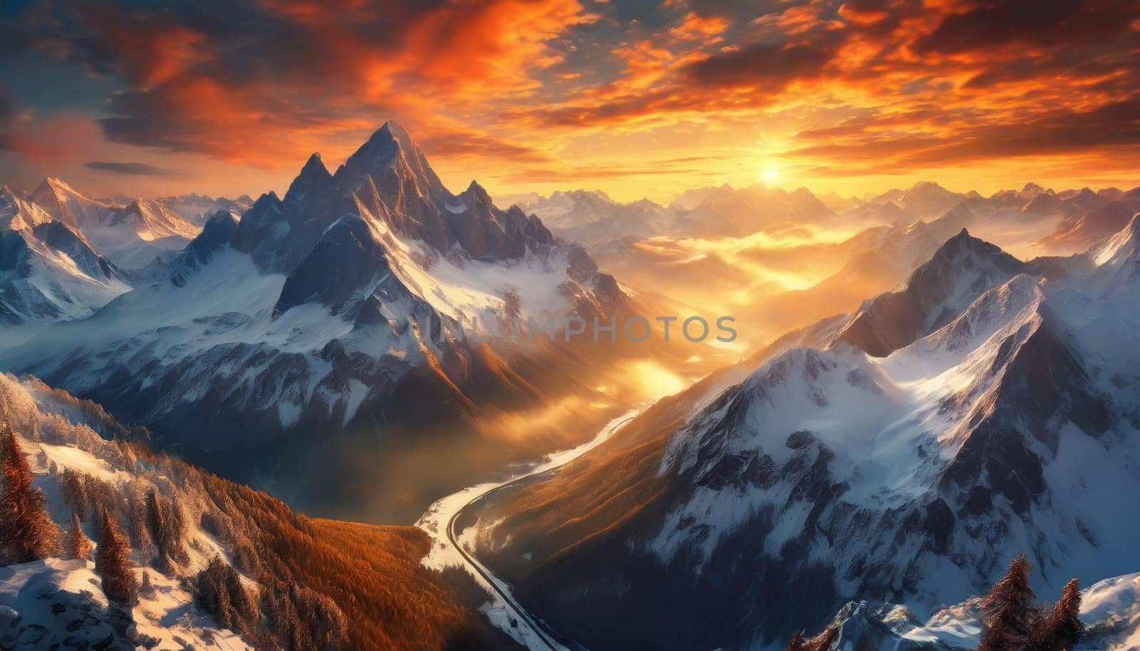 Snowy mountains with clouds during a dark evening. Panoramic view of famous mountain peaks during evening light at sunset