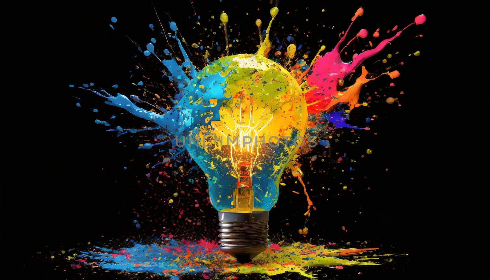 Creative light bulb explodes with colorful paint and splashes on a black background. Think differently creative idea concept